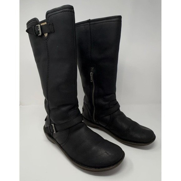 UGG 1003335 Tupelo Womens 10 Black Leather Tall Sheepskin Lined Riding Boots Zip - Picture 3 of 12